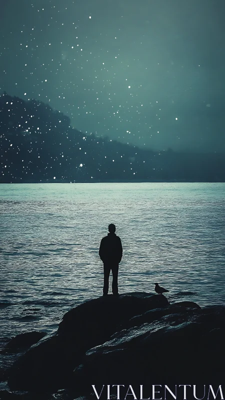 Quiet shoreline stargazer standing beneath falling night.