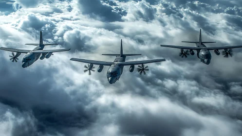 Triangular turboprop formation over cumulonimbus cloud deck.
