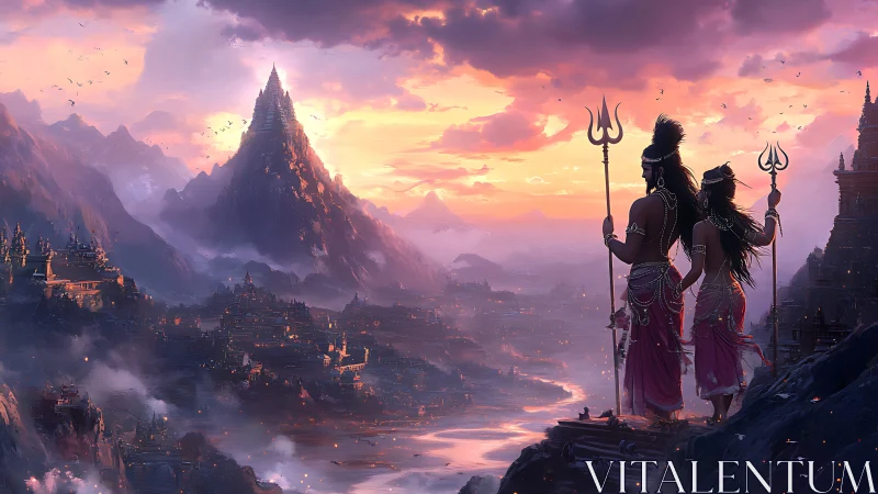 Mythic mountain citadel at dusk with divine observers framed.