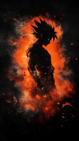 Silhouetted spiky-haired figure stands within orange explosion