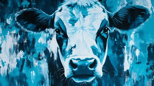 High-contrast blue cow portrait rendered in expressive acrylic strokes