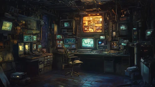 Cyberpunk surveillance command hub with retro monitors aglow.