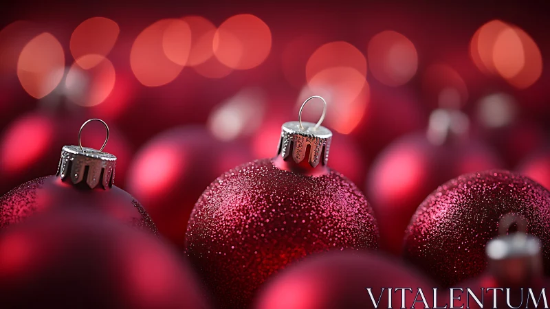 Red Christmas baubles with glitter texture and bokeh lights.