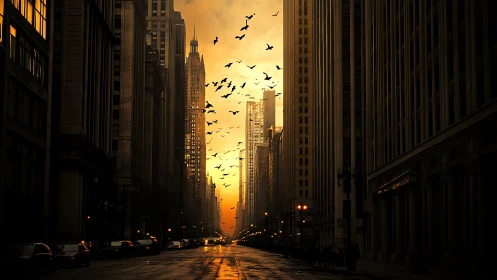 Sunset city street canyon with tall buildings and birds.