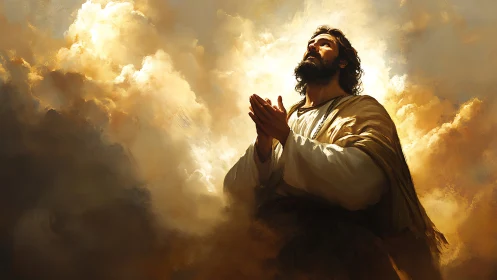 Praying robed figure stands in radiant golden cloud light