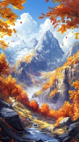 Autumn mountain valley with river under clear blue sky.