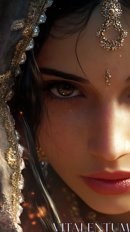 Glimmering gaze rests beneath jeweled veil in warm light