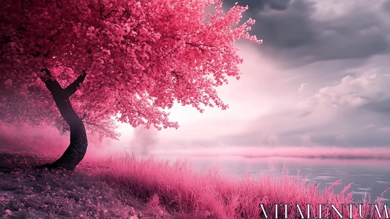 Dreamlike pink lakeside tree under dramatic cloudy sky.