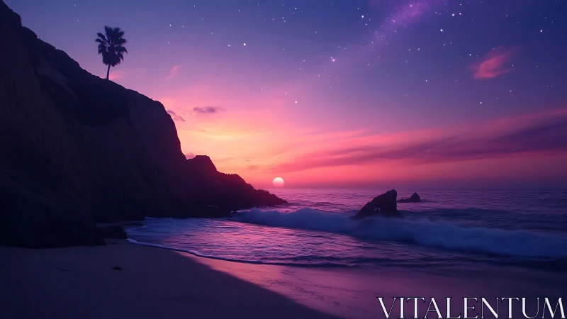 Dreamlike pink sunset over rocky starlit ocean horizon.