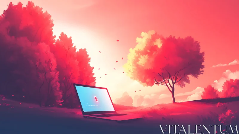 Glowing laptop in neon sunset forest contrasts digital isolation