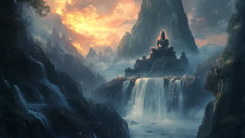Mountain temple with seated deity above cascading falls.