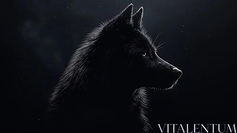 Black wolf side profile in dim light against dark void.