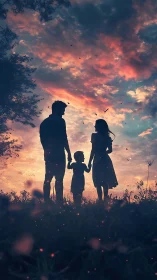 Family silhouettes hold hands beneath a dramatic sunset sky.