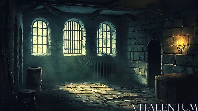 Moody medieval stone chamber rendered in atmospheric digital painting