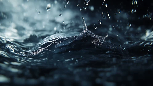 Water droplet crown explodes from dark reflective surface.
