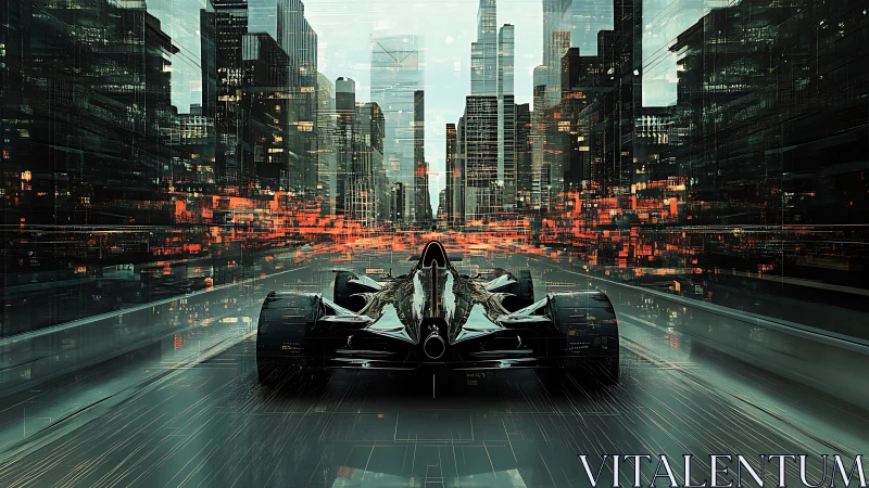 Futuristic carbon racer slicing through neon data cityscape.