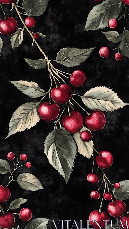 Red cherry branches on dark textured botanical background.