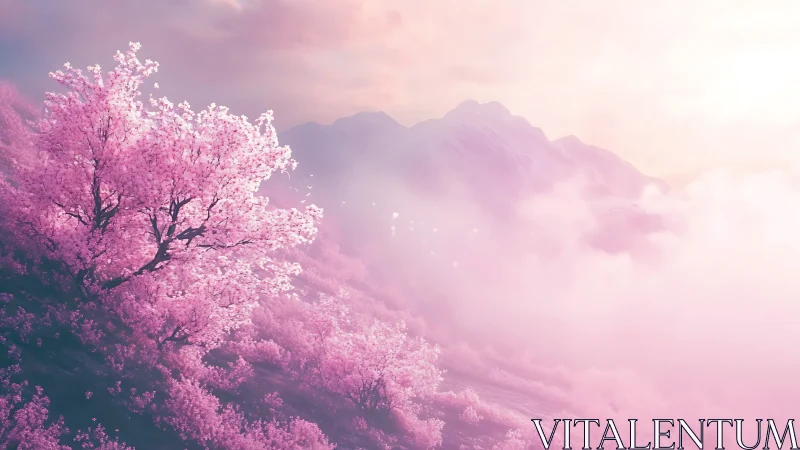 Blush-tide blossoms drift toward mist-soaked mountain light
