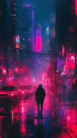Solitary pedestrian in neon-saturated cyberpunk rain corridor.