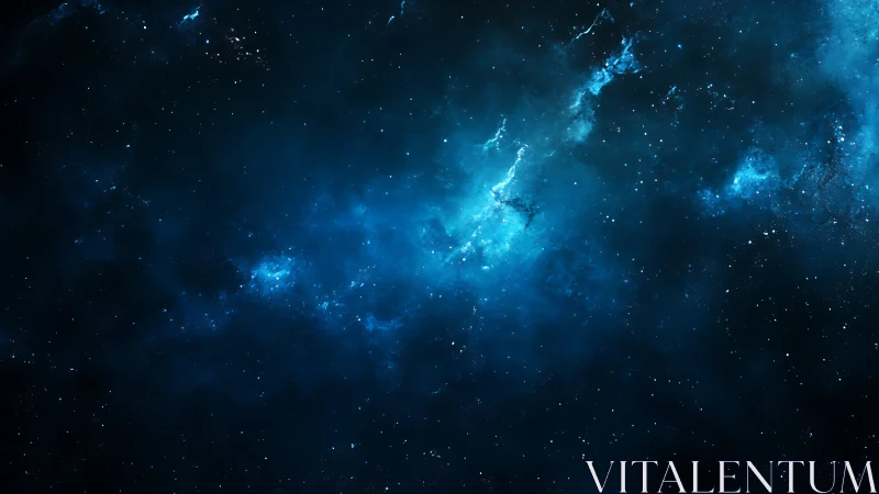 Deep blue nebula and scattered stars occupy the dark frame