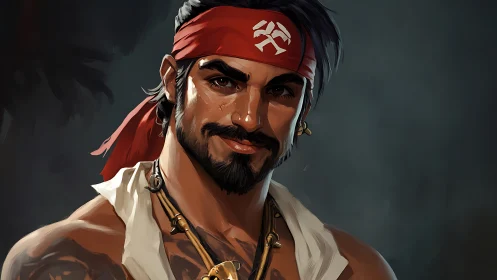 Charismatic pirate captain portrait with red bandana and amulet
