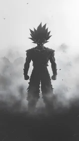 Silhouetted spiky-haired warrior emerging from monochrome smoke.
