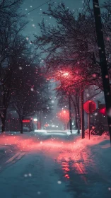 Soft red streetlights glow gently over a quiet snowy night