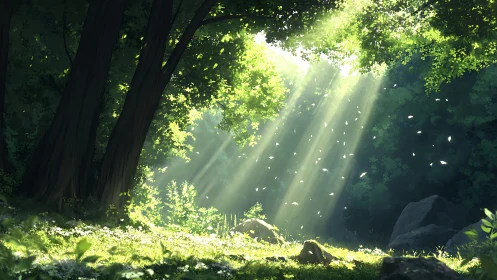 Sunlit forest clearing rendered in high-resolution digital painting