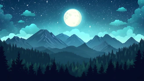 Moonlit alpine range under stylized star-swept night sky.