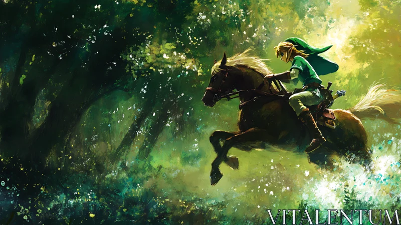 Fantasy rider on galloping horse in dense green forest.