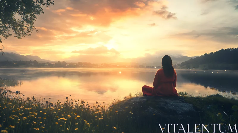Solitary figure in red observes a luminous lakeside sunrise