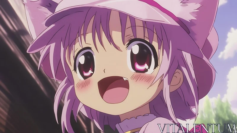 Smiling pink‑haired cat girl under soft outdoor sunlight.