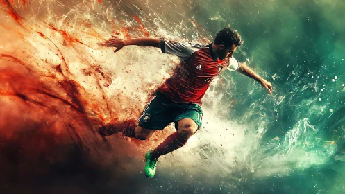 Male footballer mid-stride with abstract color motion field.