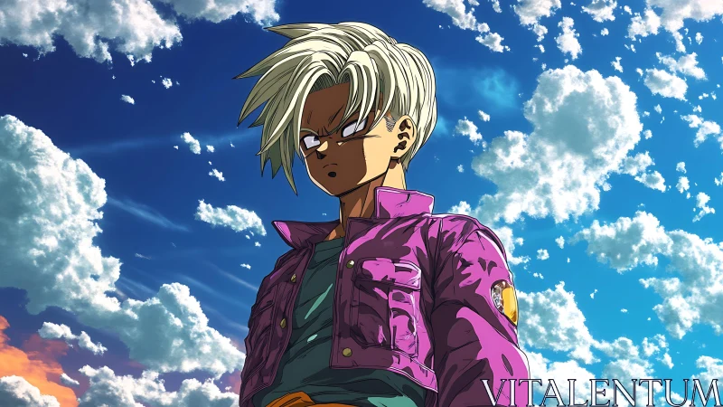 Stoic anime warrior under expansive dynamic cloudscape.