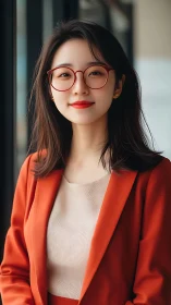 Warm professional portrait in bright red glasses and blazer.