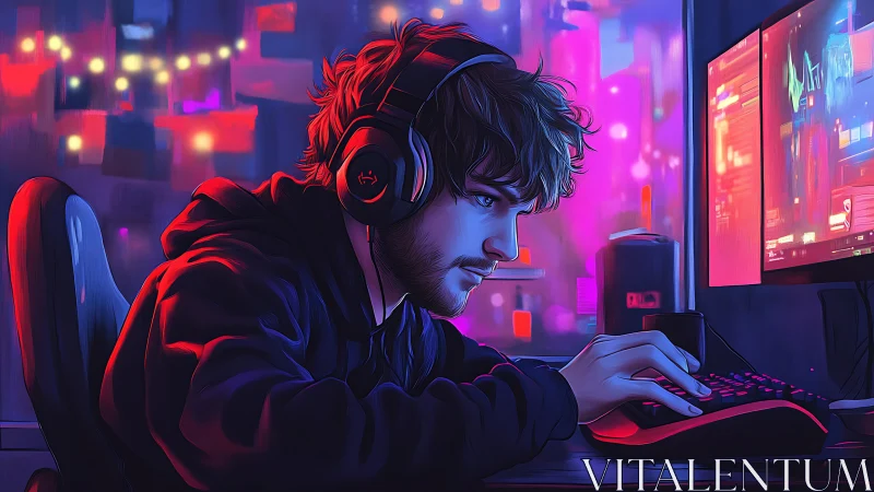Neon-soaked gamer carves focus through a cyber-night glow