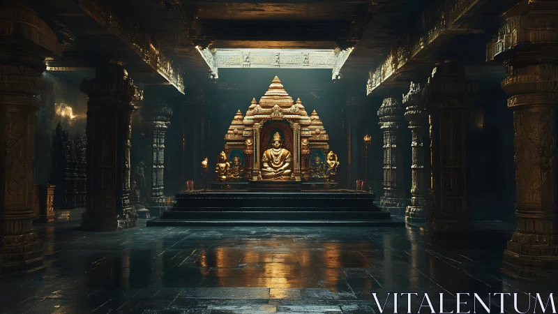 Golden temple hall with serene buddha glowing in shadows.