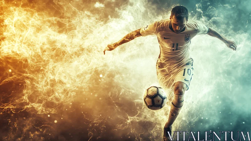 Dynamic soccer striker surges through fiery, electric smoke