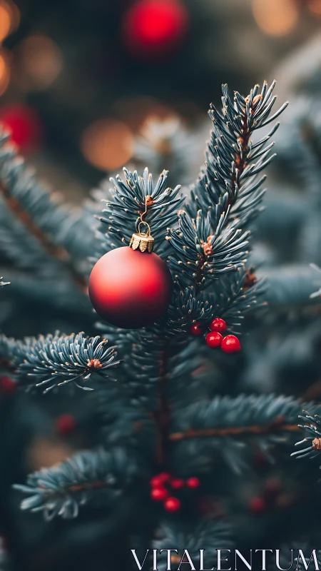 Crimson bauble whispers warmth through frosted evergreen hush