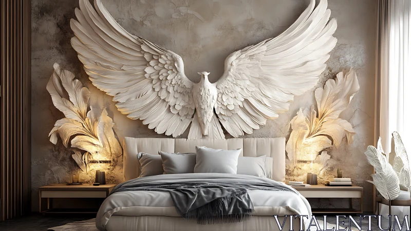 Sculpted angel wings crown serene neutral bedroom retreat.