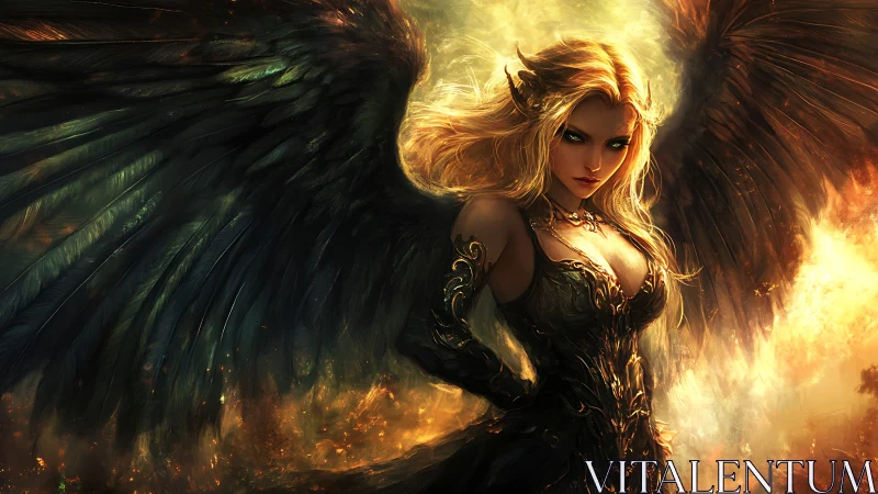Fantasy digital painting of dark winged fire queen figure.