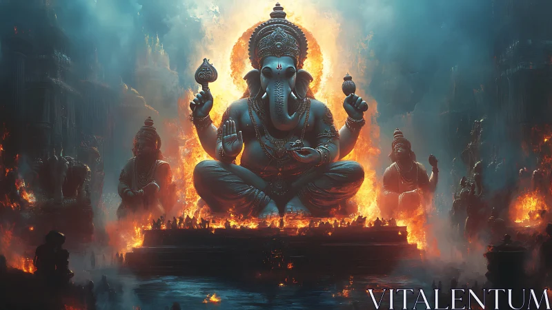 Colossal Ganesha deity dominates burning mythic temple citadel.