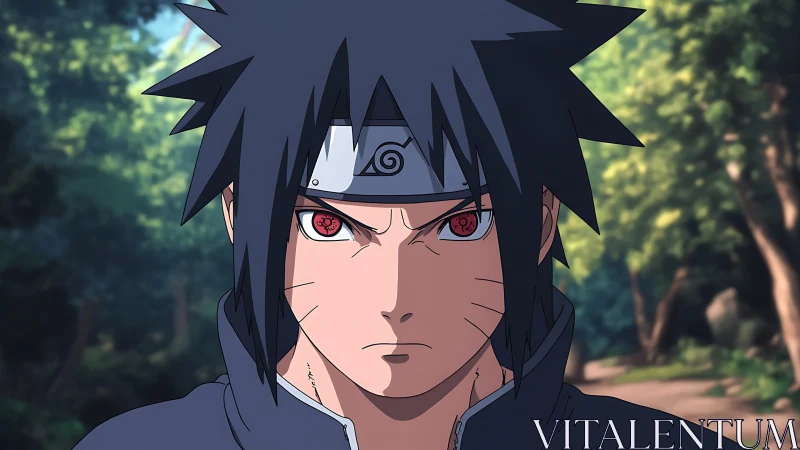 Scarlet-eyed ninja stalks a sunlit forest path in silence.