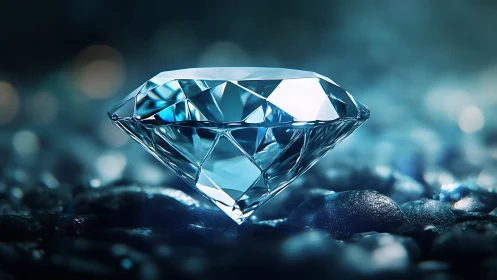 Luminous blue-cut diamond resting on wet pebbled ground.
