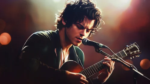 Warm backlit portrait shows acoustic guitarist in focused performance