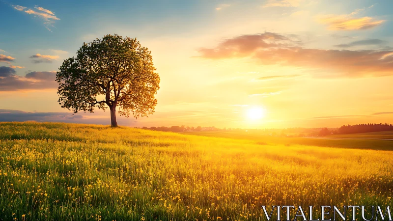 Solitary tree amid golden meadow at radiant sunset glow.
