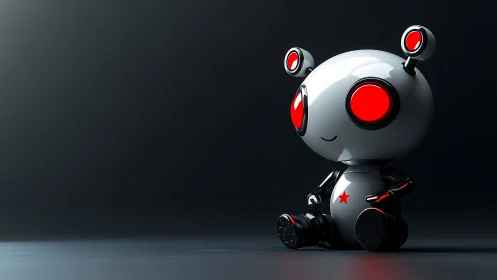 Small red-eyed robot figure on dark reflective surface.