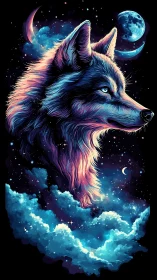 Nebula Howl: Chromatic Wolf Sailing Through Nighted Skies.