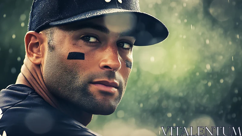 Baseball player stares back under rain with focused intensity