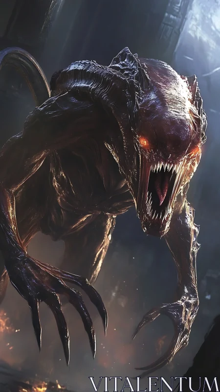 Bioluminescent xeno-predator lunging in volumetric ruins.